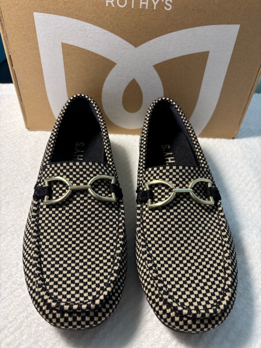 Rothy's Black and Cream Checkered Women’s Bit-Detail Loafers Microcheck